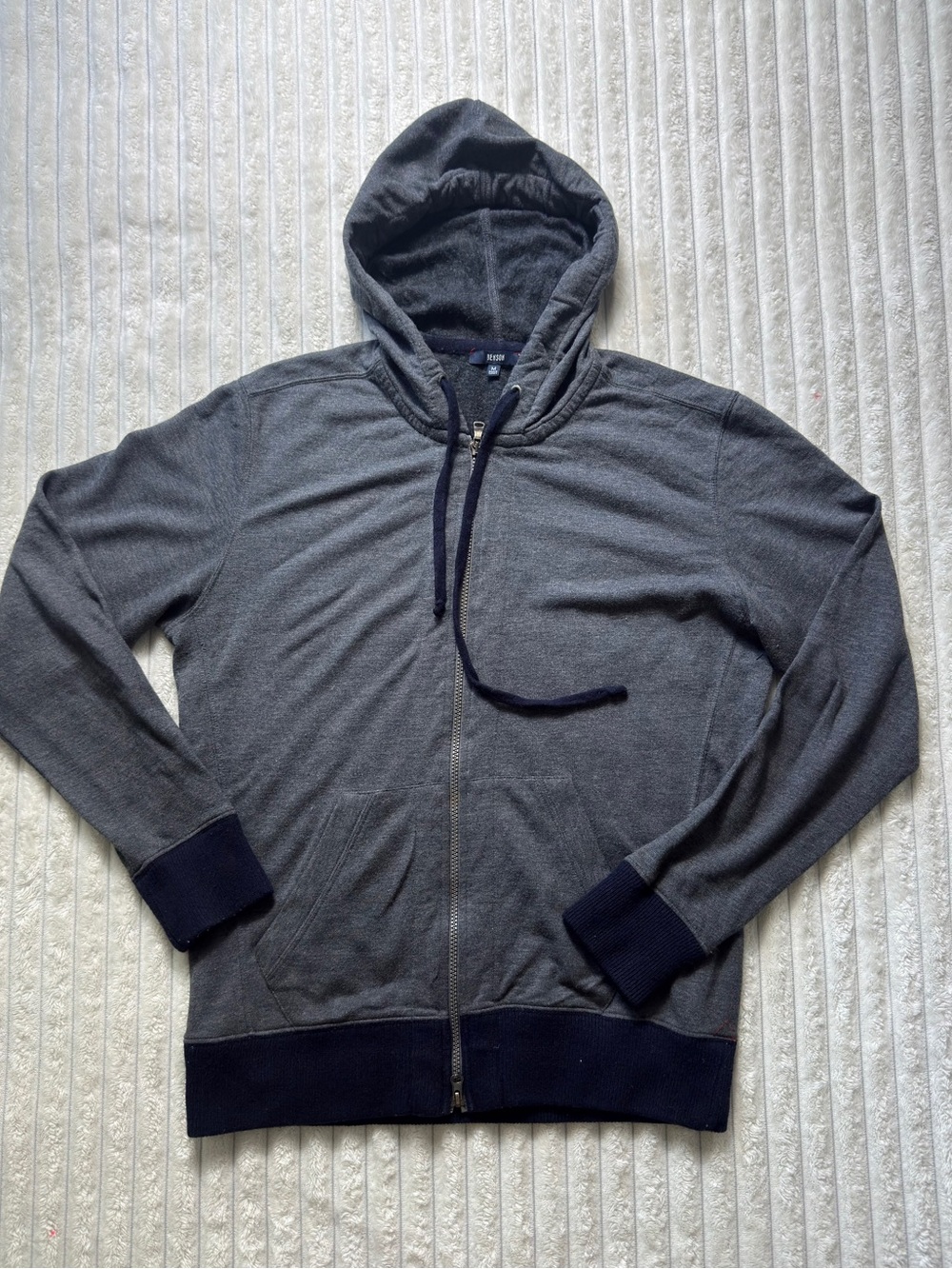 Benson Men's Gray/Blue Full Zip Hooded Fleece Hoodie Pockets Size M
